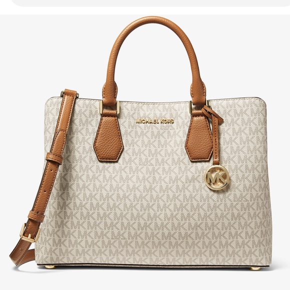 Michael Kors Handbags - Michael Kors Cream and Brown Satchel with Gold-Tone Hardware
